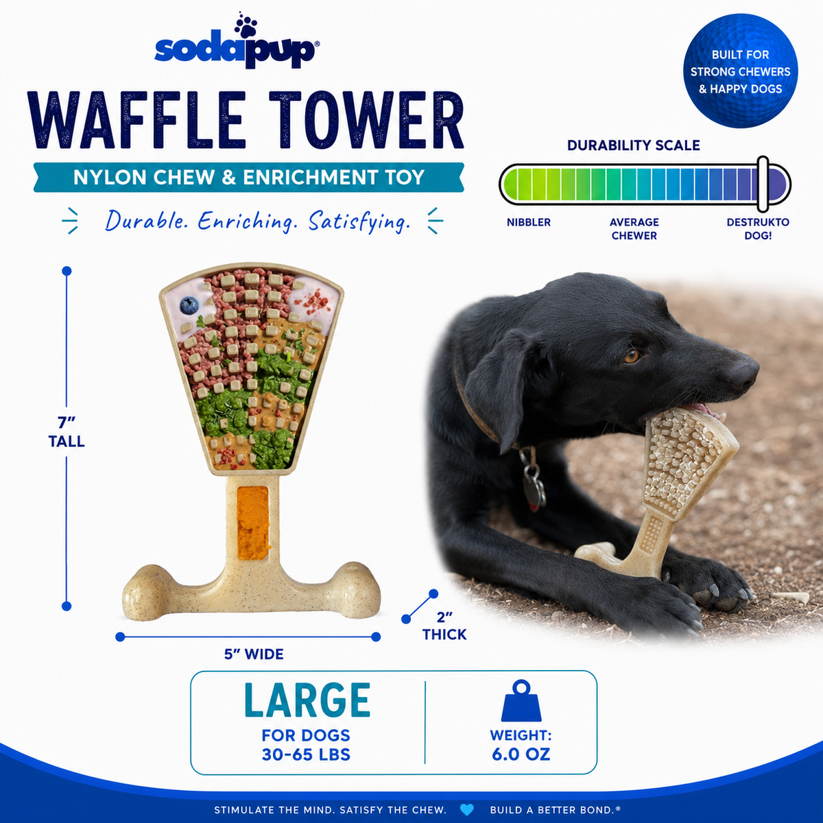 Waffle Tower Juguete Masticable y de Enriquecimiento de Nylon | 2 en 1 para Masticadores Agresivos | SodaPup