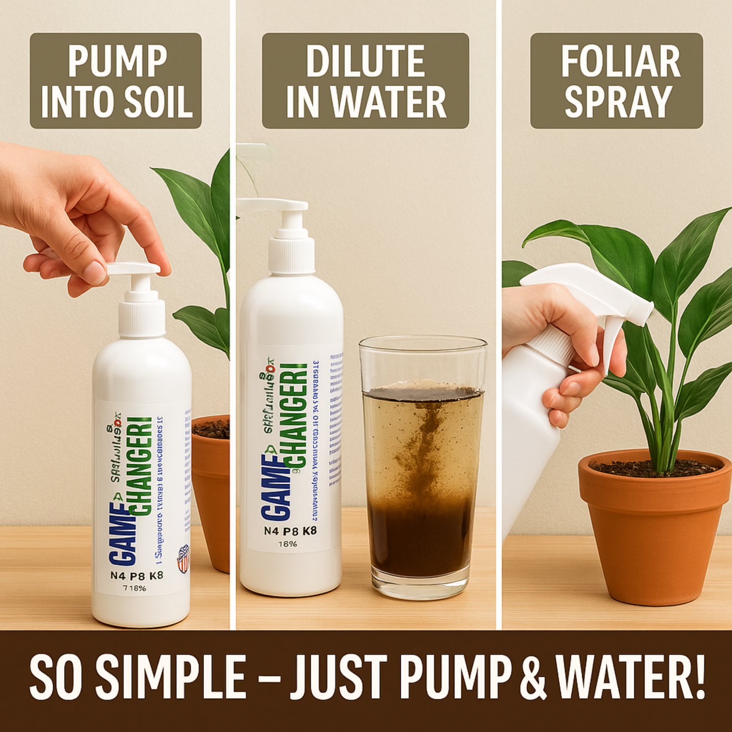 GS Plant Foods Game Changer All-Purpose Essentials - 100% Plant-Based Organic Fertilizer for Indoor or Outdoor Container Grown Plants, NPK 4-3-3, Liquid Formula for Houseplants, 20 Ounces