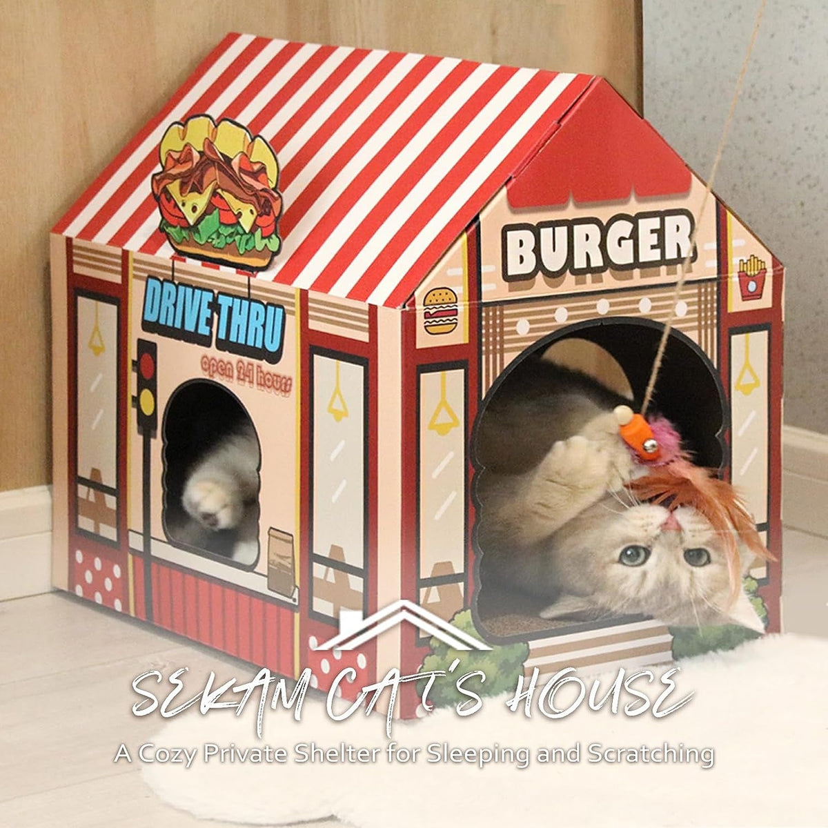 Casa de cartón para gatos con rascador