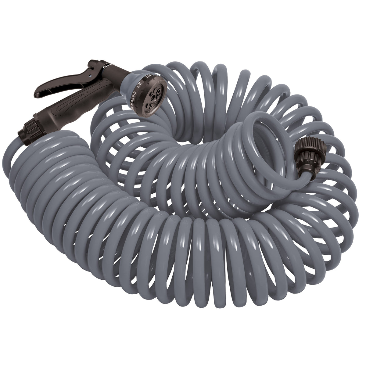 Manguera en espiral gris de 25 pies con boquilla de plástico de 8 patrones 26382