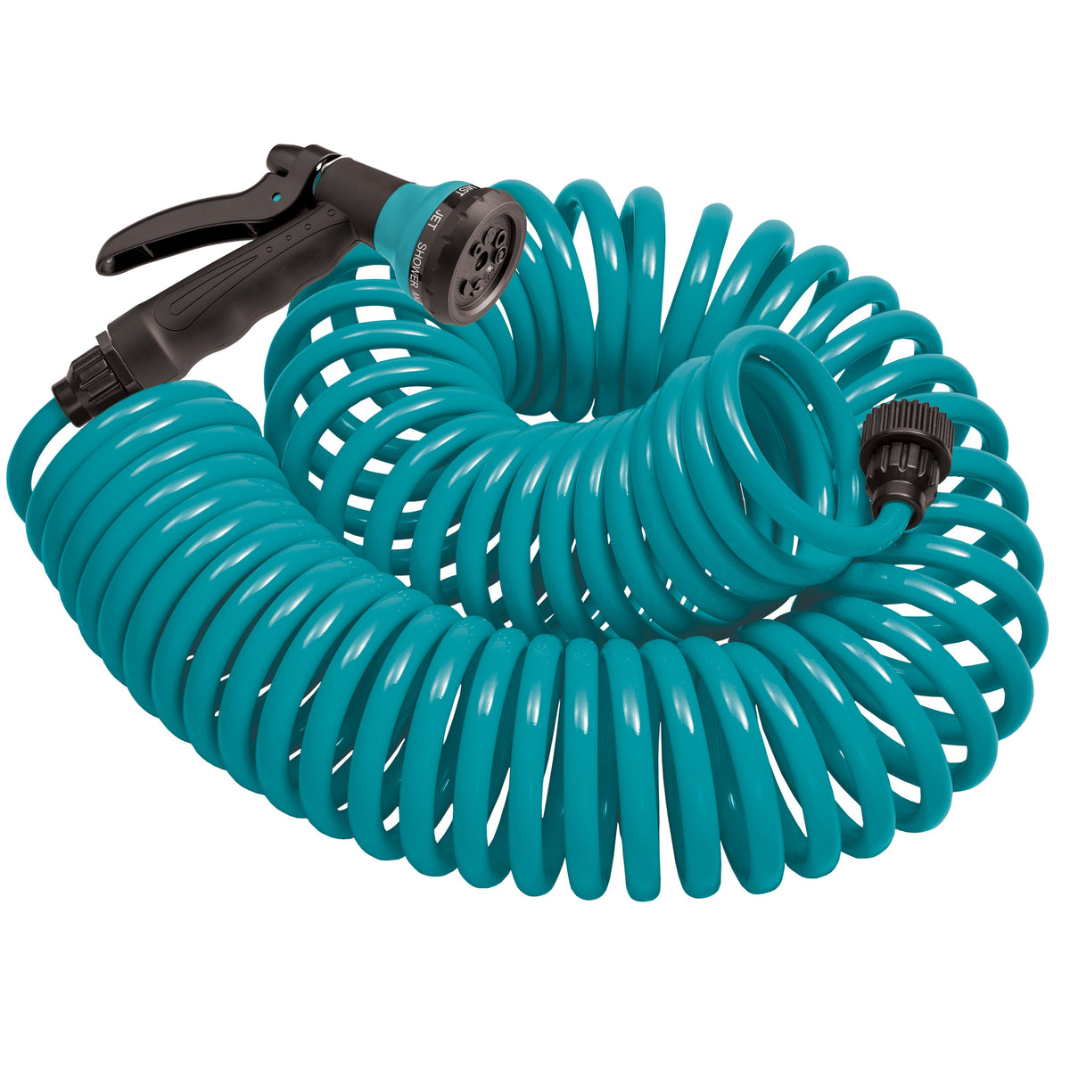 Manguera de espiral azul de 25' con boquilla de plástico de 8 patrones 26381