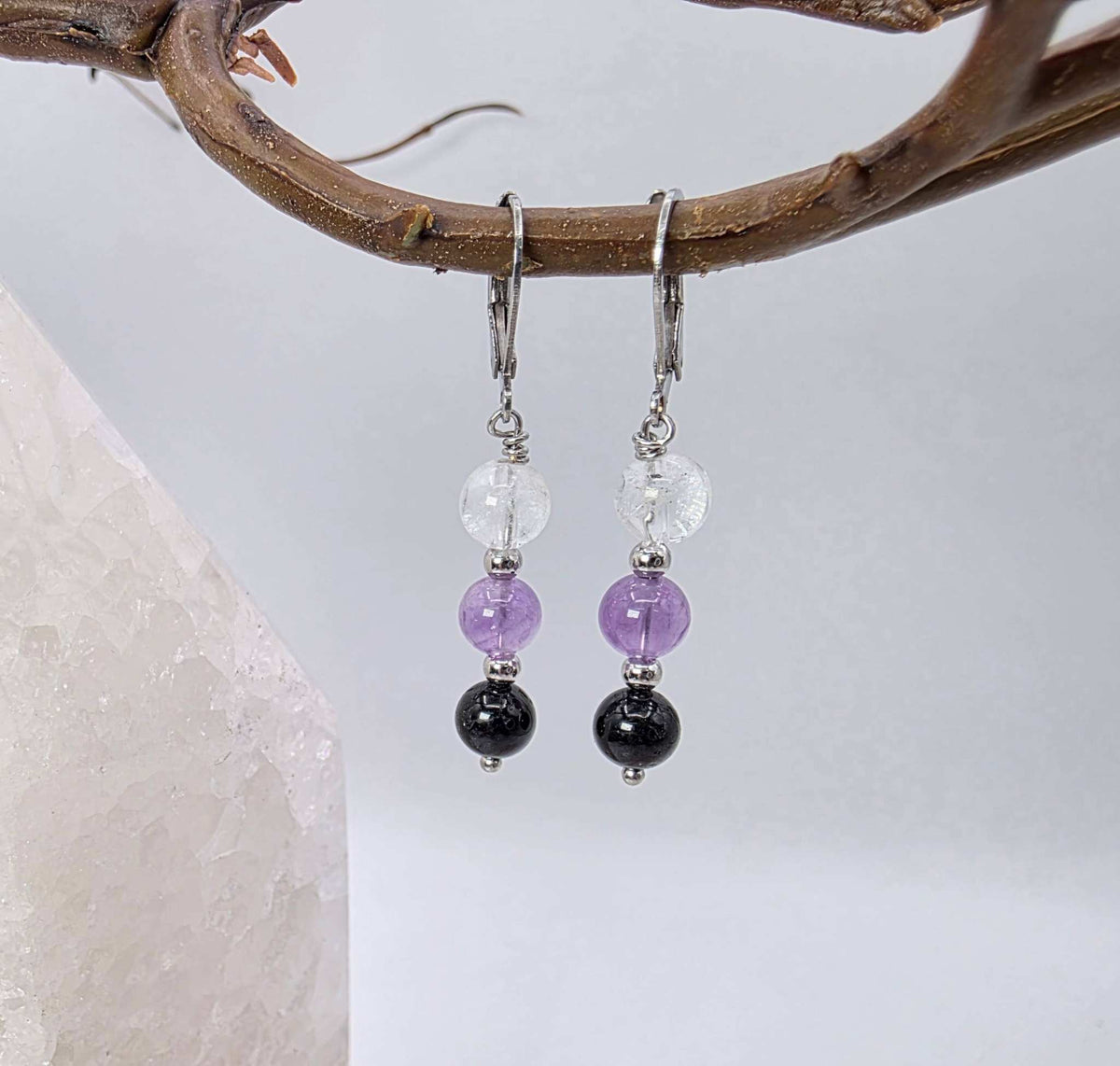 ESPACIO SAGRADO - Conjunto de joyas de cuarzo transparente, amatista y ónix negro