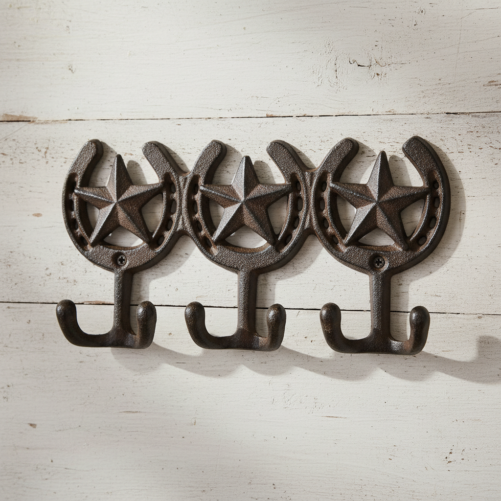 Star Horseshoe Triple Wall Hooks, Cast Iron for Coats, Bags or Scarves