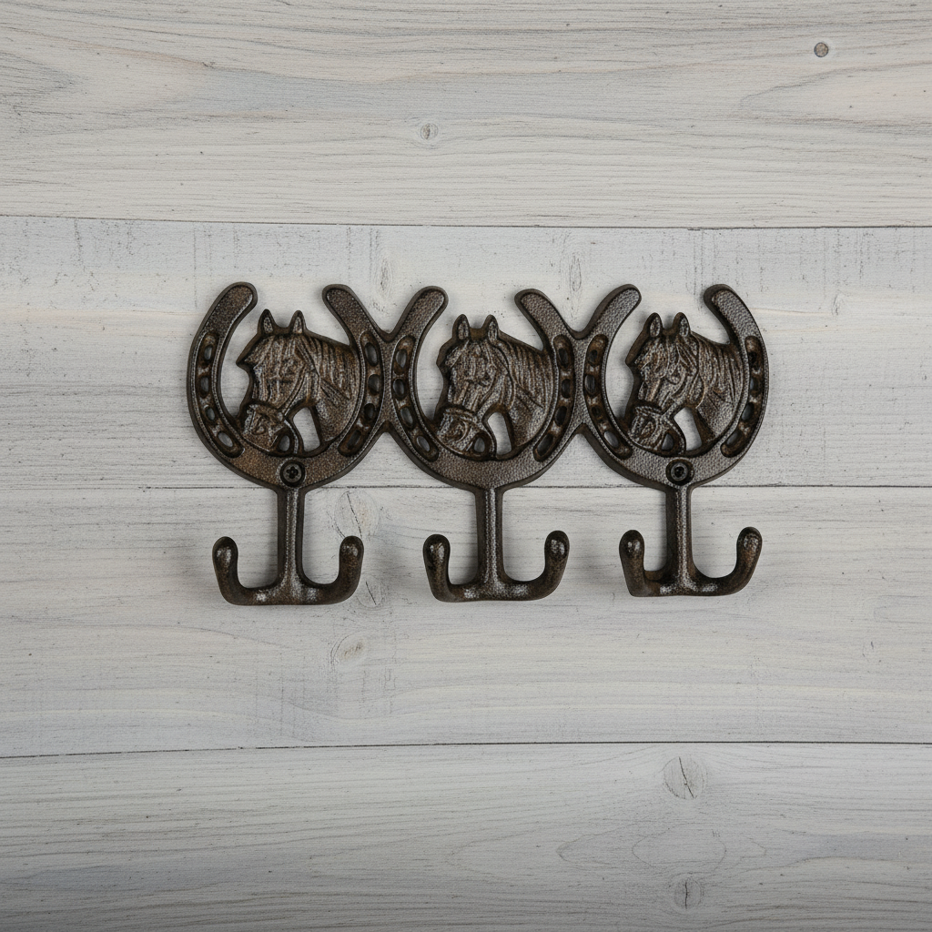 Horse Head 3-Hook Wall Rack, Cast Iron for Coats, Keys or Leashes