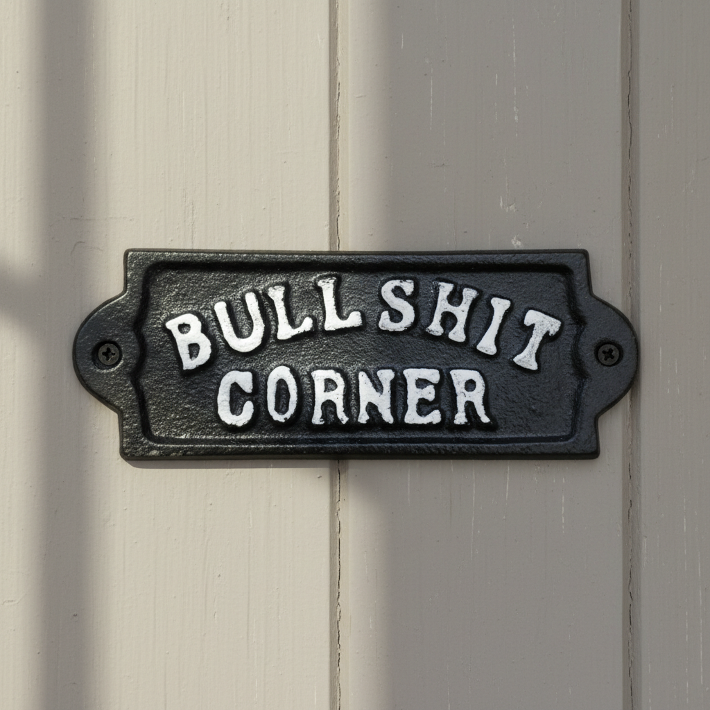 "Bullshit Corner" Cast Iron Wall Plaque, Humorous Bar Decor