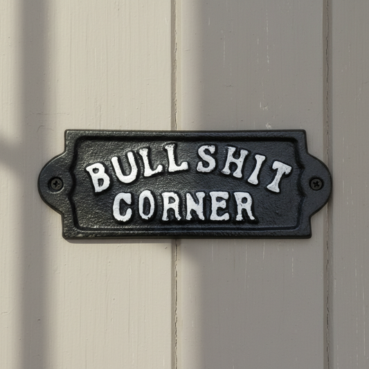 "Bullshit Corner" Cast Iron Wall Plaque, Humorous Bar Decor