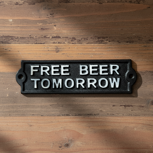 "Free Beer Tomorrow" Cast Iron Wall Plaque, Bar and Patio