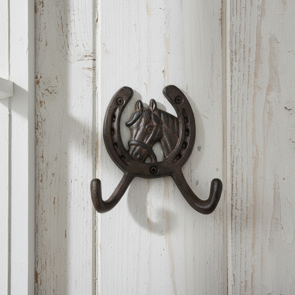 Horseshoe Wall Hook with Horse Head, Cast Iron for Coats, Keys or Hats