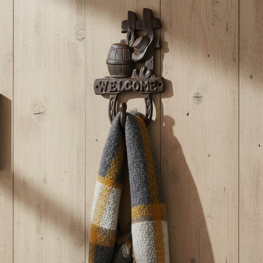 Welcome Barrel Wall Hook, Cast Iron for Coats, Keys or Hats