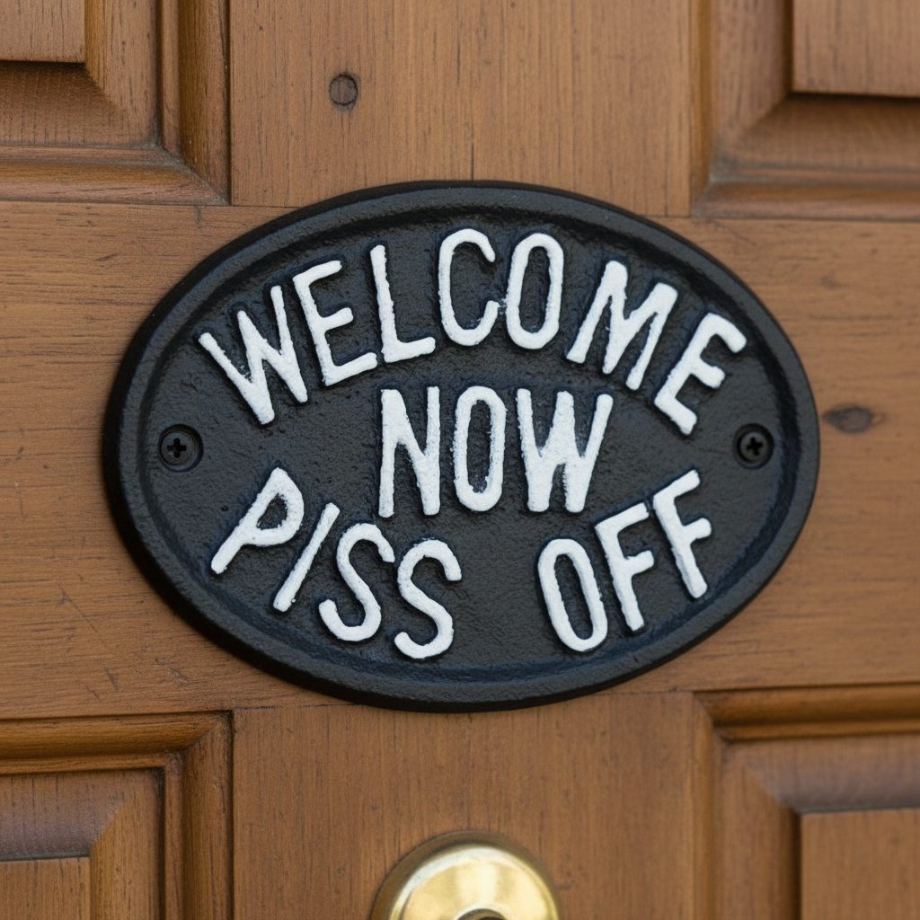 Welcome Now Piss Off Cast Iron Wall Plaque, Porch Decor