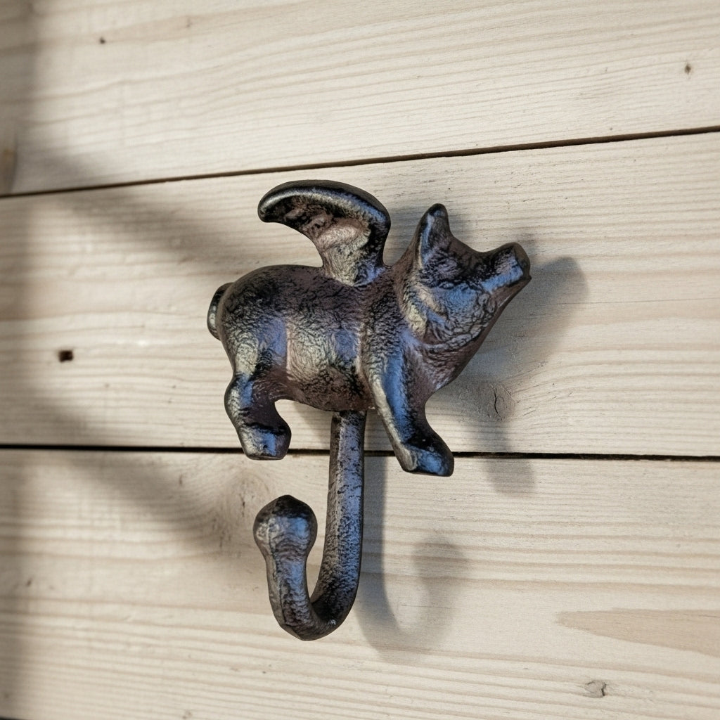 Flying Pig Wall Hook, Cast Iron Right Facing for Keys, Towels or Hats