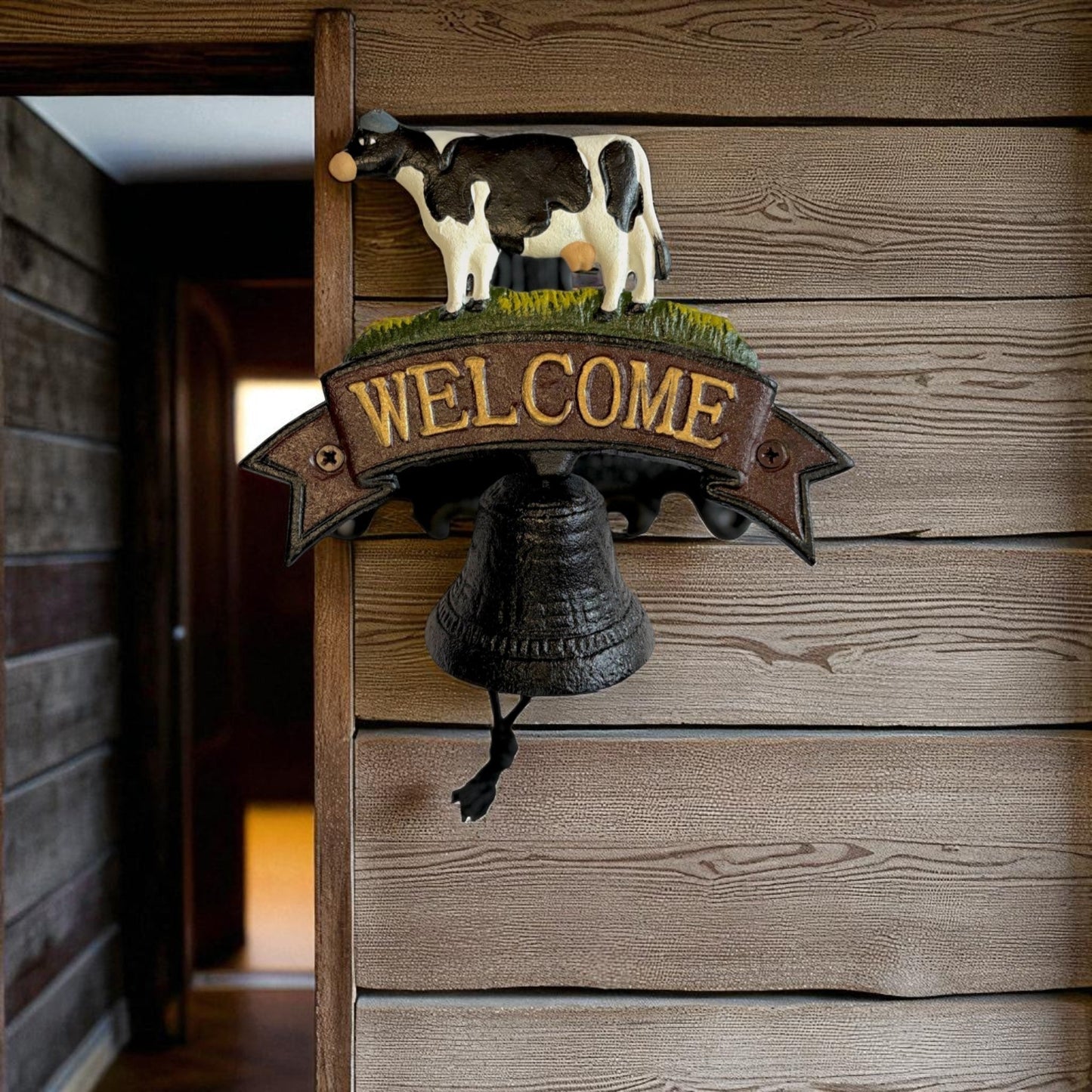 Cow Welcome Bell Sign, Cast Iron Farmhouse Front Door Decor