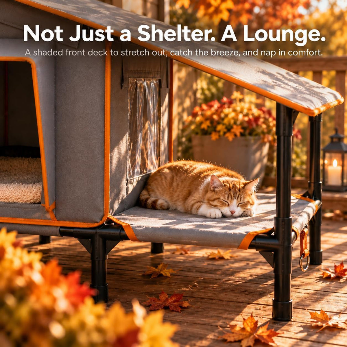 Heated Outdoor Cat House with Terrace & Feeding Bowl