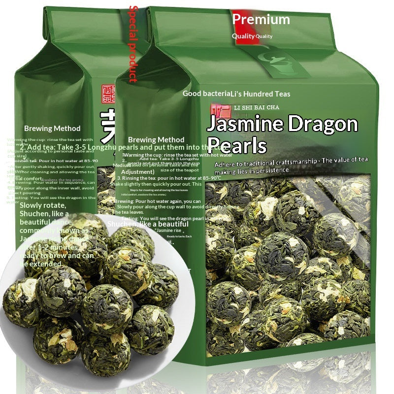Three green tea bags with a clear window showing jasmine dragon pearl tea, alongside a white plate of loose jasmine dragon pearls and printed brewing instructions on a white background.