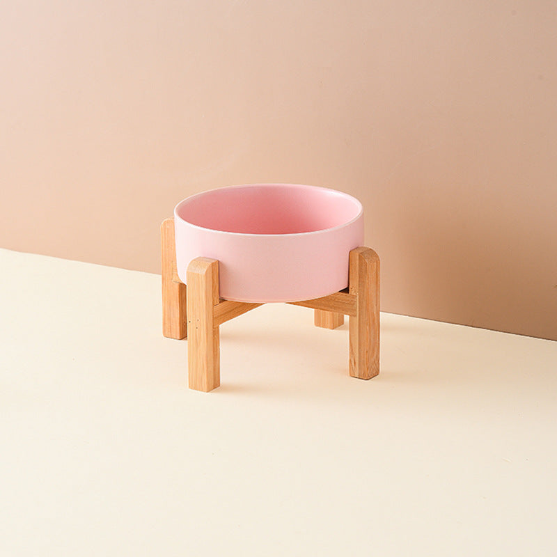 Pet Anti Rollover Ceramic With High Bamboo And Wood Frame Bowl