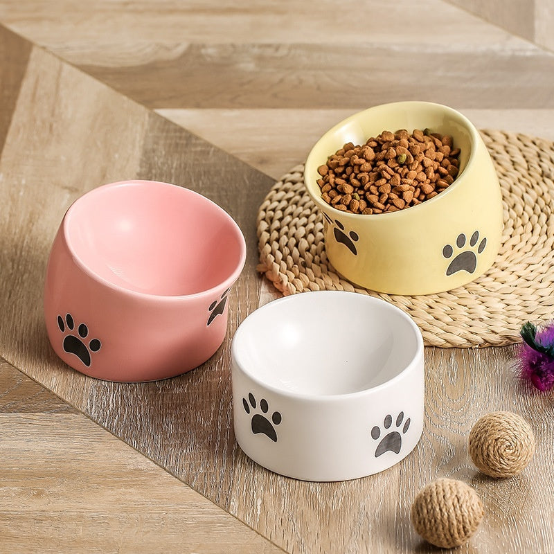 Drinking Water Neck Protection Pet Ceramic Oblique Mouth High Foot Food Basin