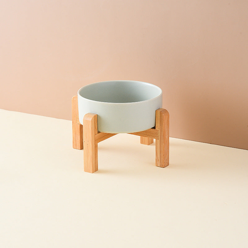 Pet Anti Rollover Ceramic With High Bamboo And Wood Frame Bowl