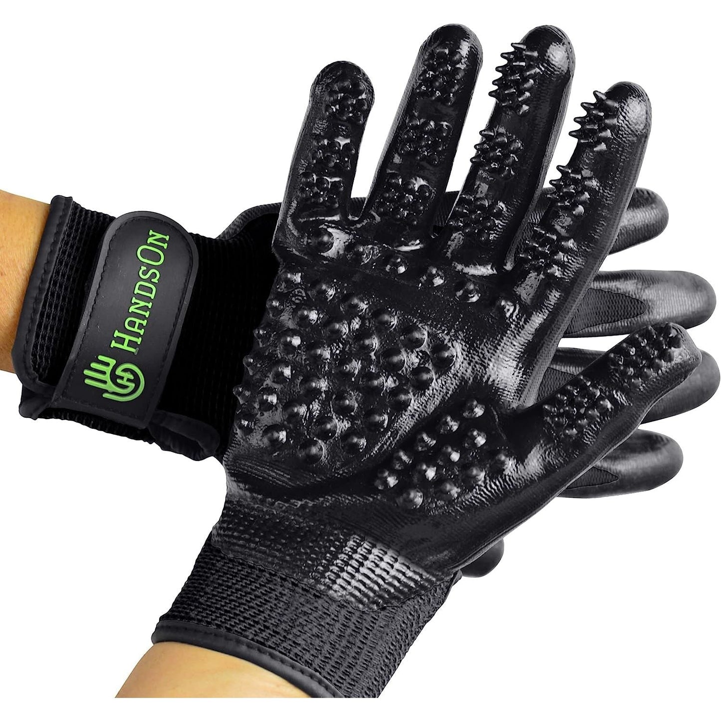 HandsOn Pet Grooming Gloves Gentle Brush for Cats Dogs Horses Black Large Size