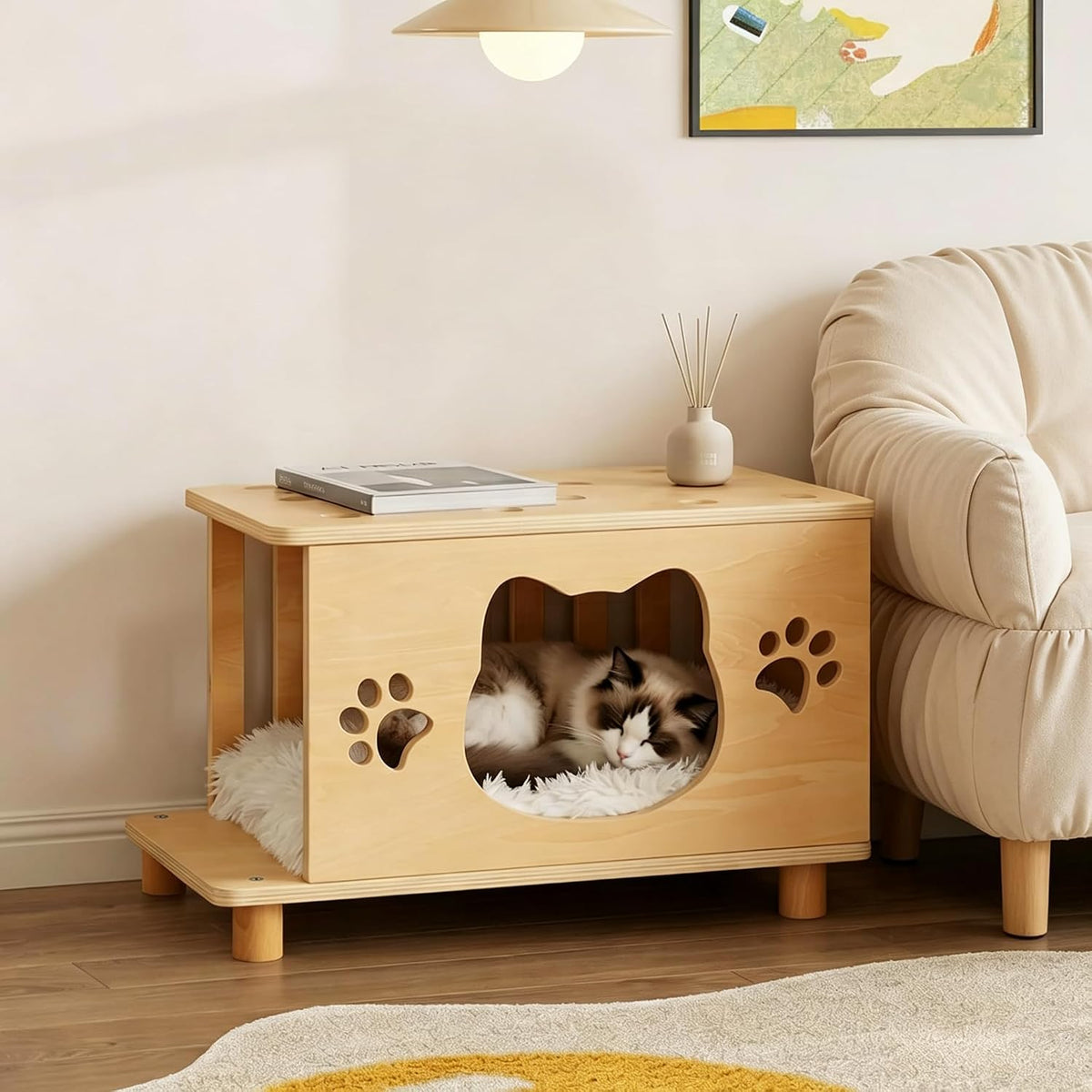 4-in-1 Wooden Cat Cave Bed & Side Table with Washable Cushion