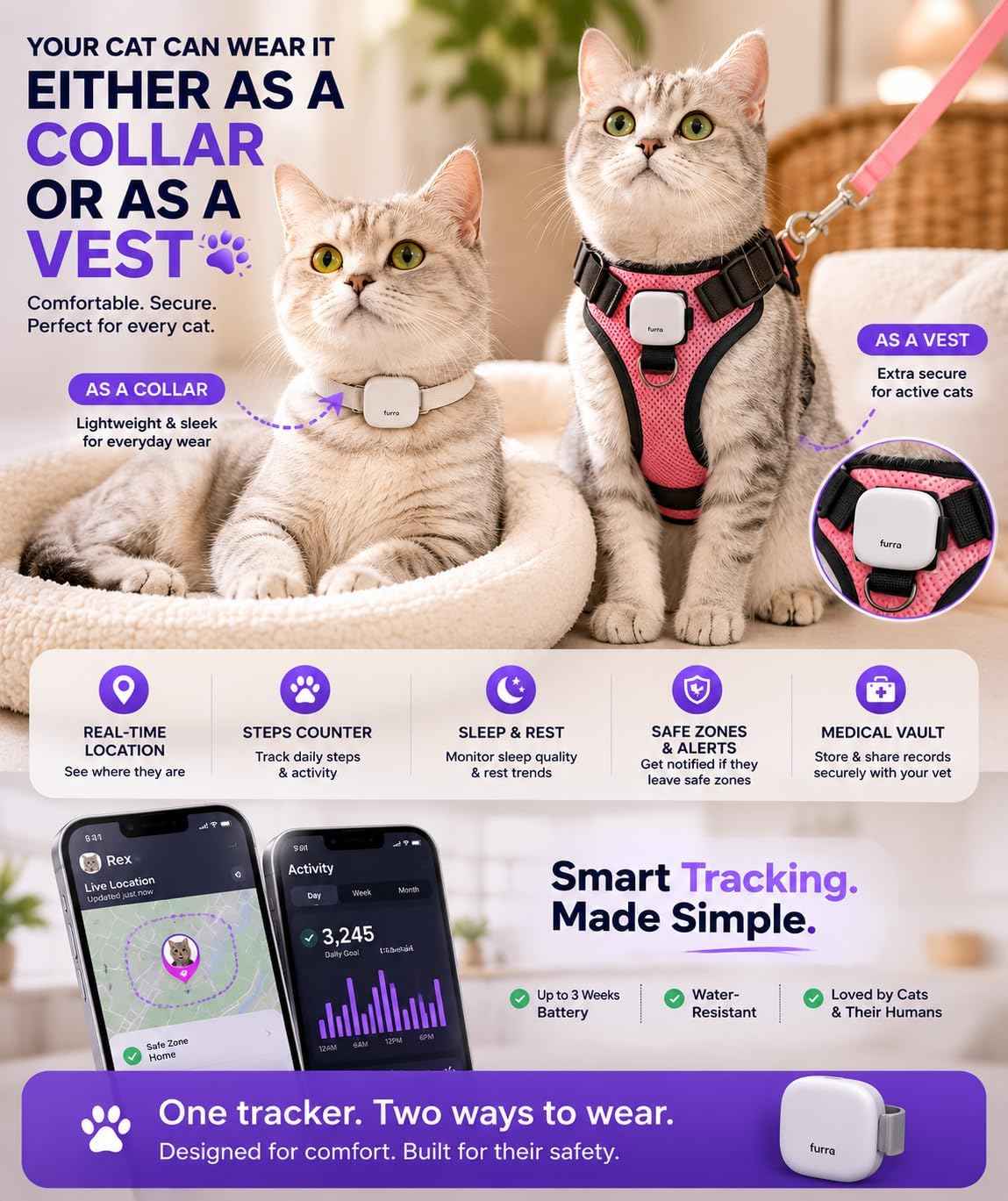 Premium Smart GPS Pet Tracker – Escape Alerts, Black or White