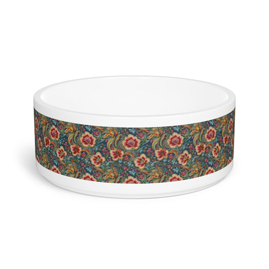 Crimson Blossoms on Teal Vintage Brocade Pattern - Pet Bowl