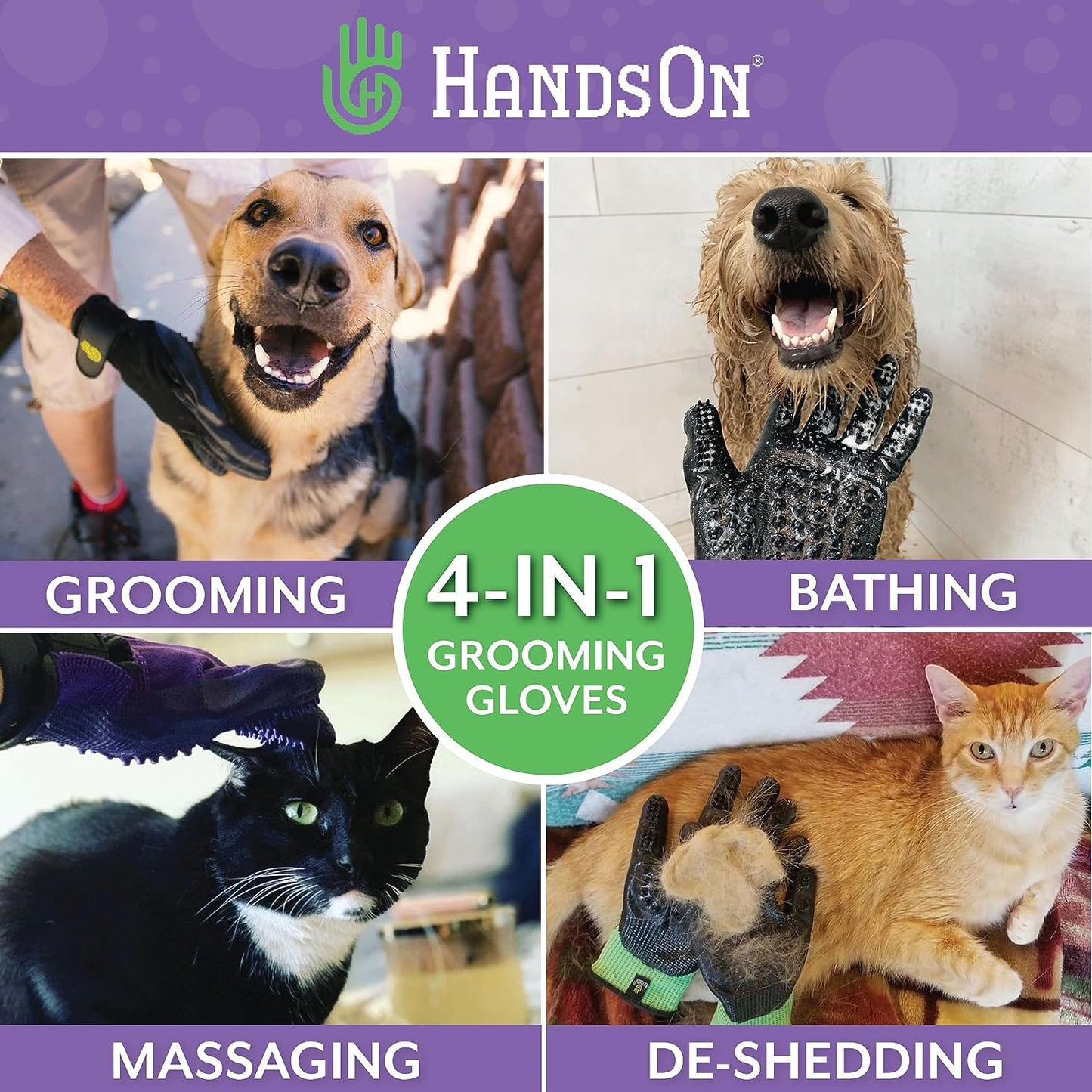HandsOn Pet Grooming Gloves Gentle Brush for Cats Dogs Horses Black