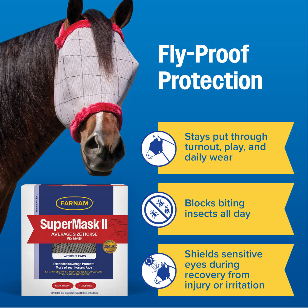 Farnam SuperMask II Horse Fly Mask No Ears Double-Latch Secure Mesh Eye Protection