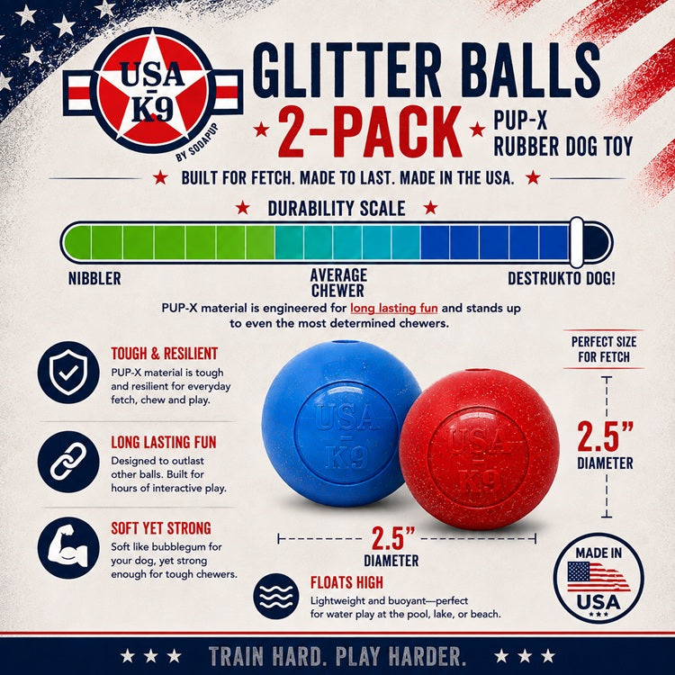Pack de 2 juguetes para perros Glitter Ball | Pelota de búsqueda flotante de goma suave con dispensador de premios | Fabricado en EE. UU.