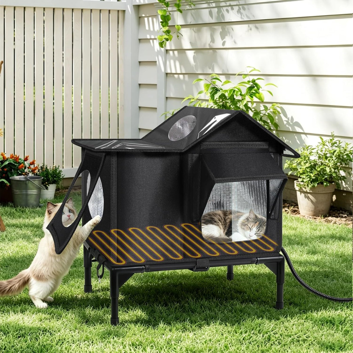 Heated Outdoor Cat House with Escape Door & Warming Pad – Medium & Large