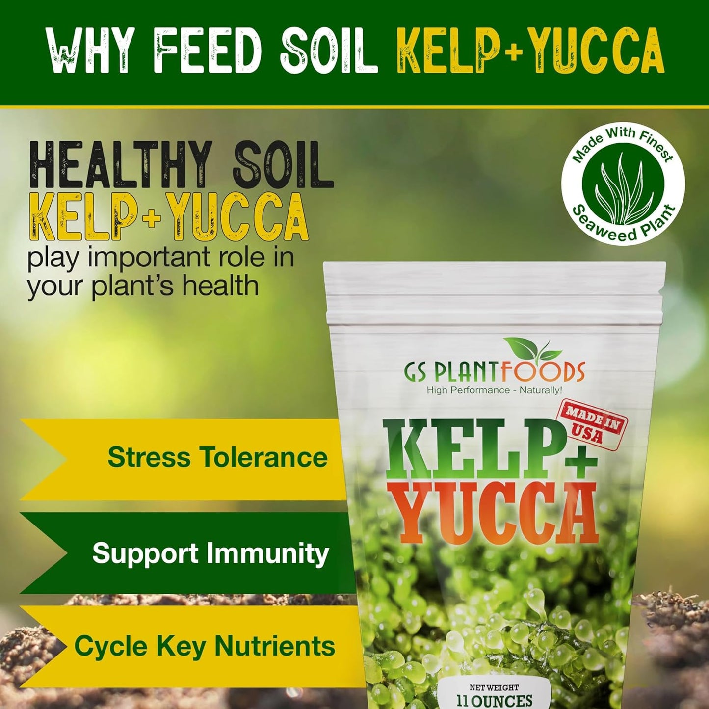 Kelp + Yucca – Organic Soil Moisture Retainer & Plant Growth Enhancer – Seaweed + Yucca Extract Blend for Stronger Roots, Better Water Absorption & Stress Resistance