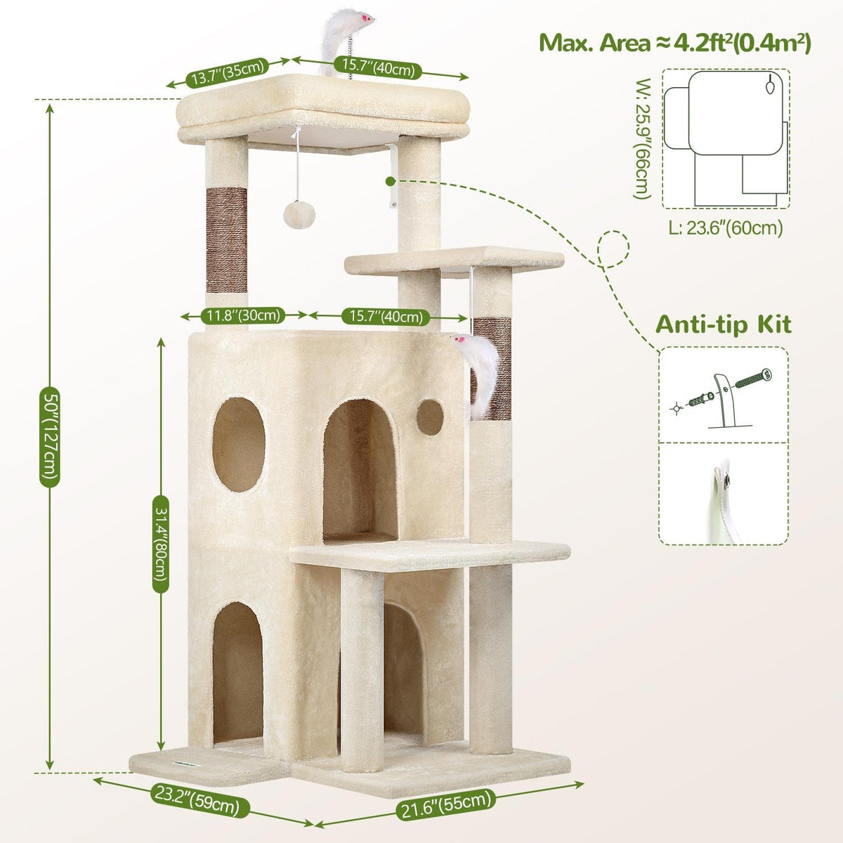 50-Inch Cat Tree for Large Cats with Scratching Post & Condos