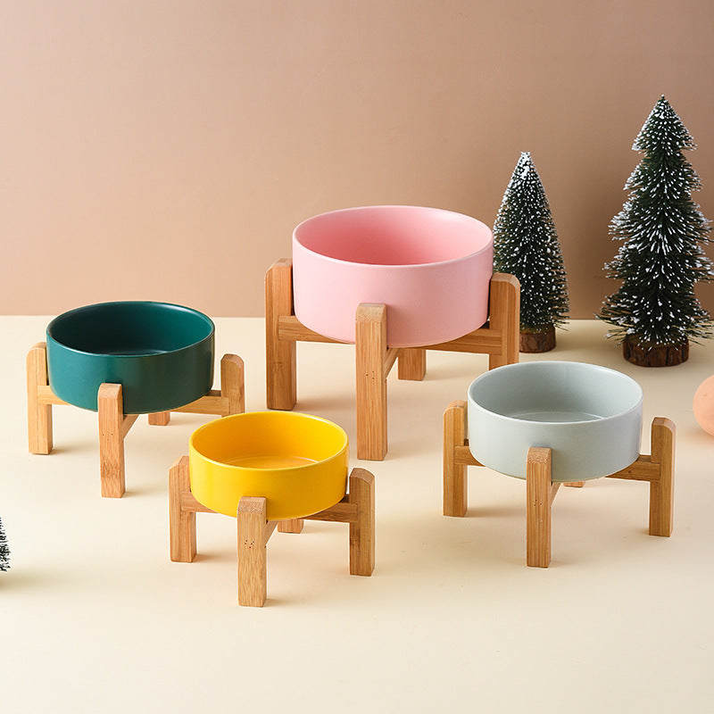 Pet Anti Rollover Ceramic With High Bamboo And Wood Frame Bowl