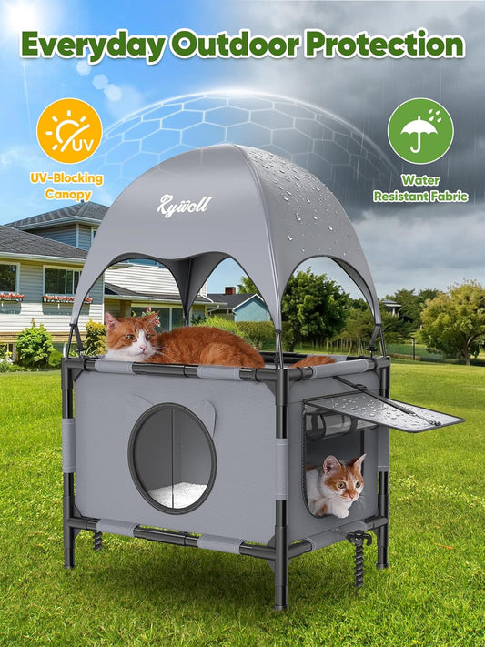 Elevated 2-Tier Outdoor Cat House with Canopy, Mesh Sides & Reversible Pad