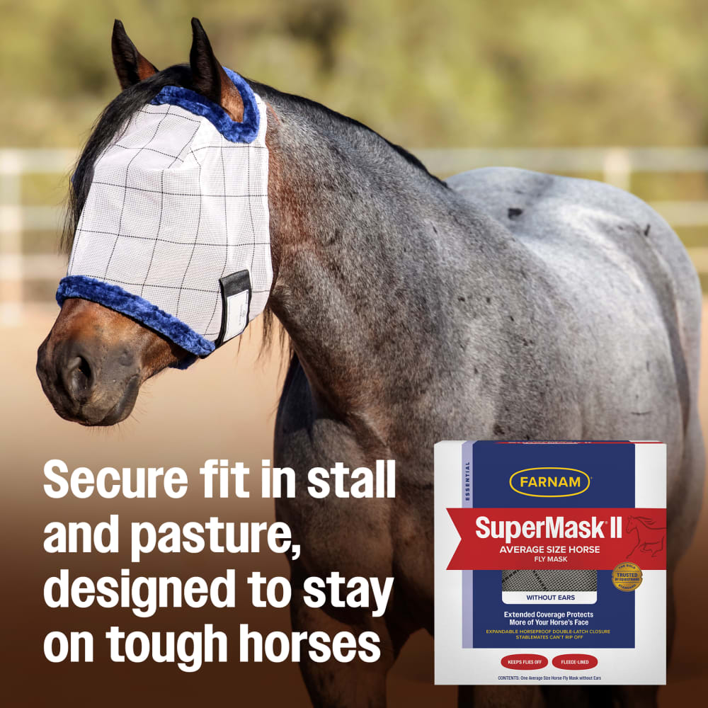 Farnam SuperMask II Horse Fly Mask No Ears Double-Latch Secure Mesh Eye Protection