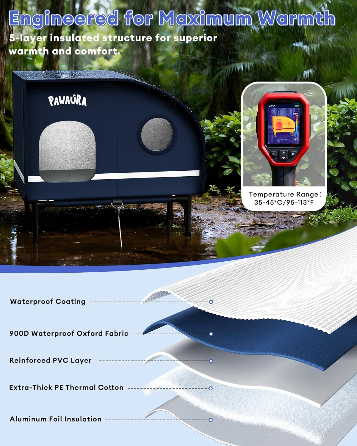 Heated Outdoor Cat House with Thermostatic Pad, 5-Layer Insulation & Skylight (Large, Dark Blue)