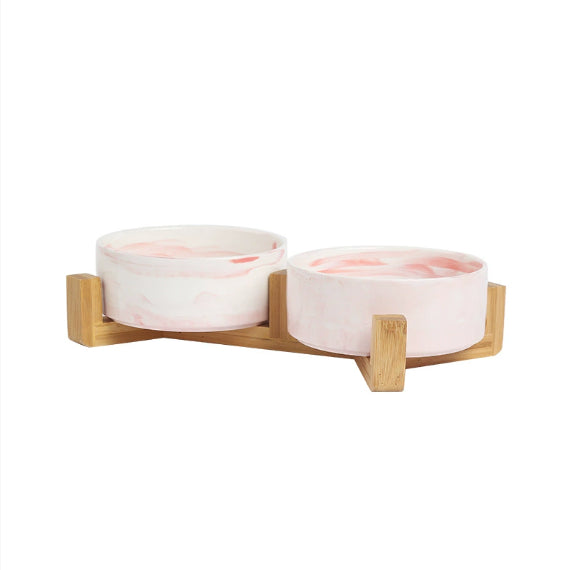 Pet Anti Rollover Ceramic With High Bamboo And Wood Frame Bowl