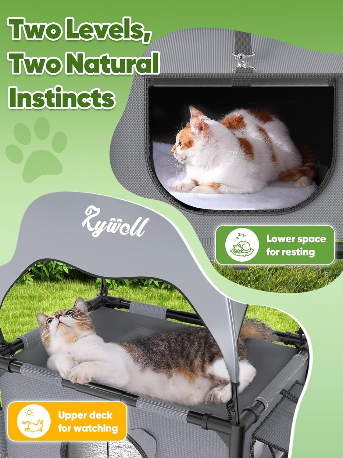 Elevated 2-Tier Outdoor Cat House with Canopy, Mesh Sides & Reversible Pad