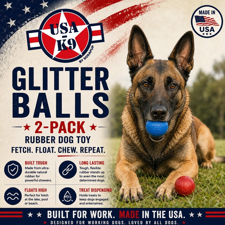 Pack de 2 juguetes para perros Glitter Ball | Pelota de búsqueda flotante de goma suave con dispensador de premios | Fabricado en EE. UU.