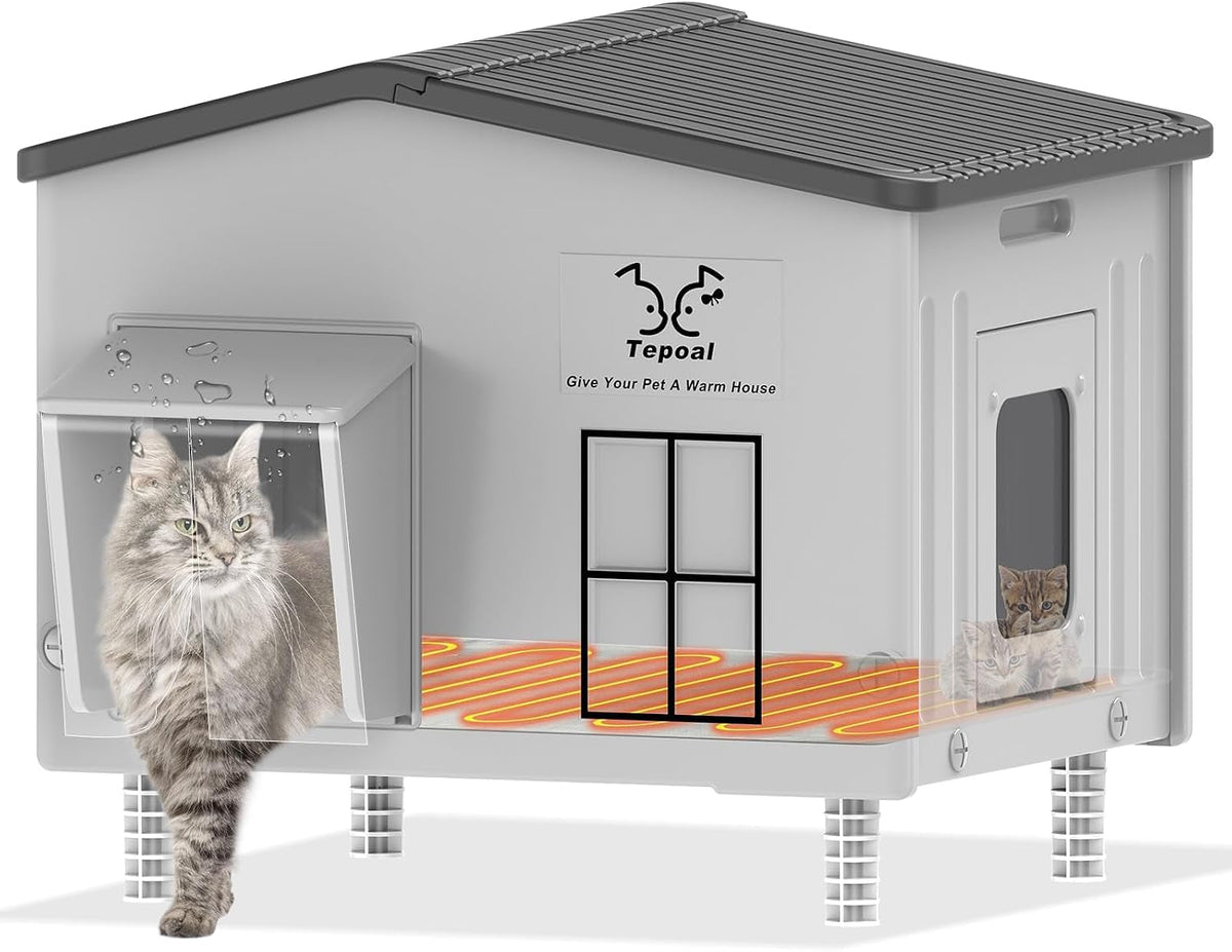Heavy-Duty Heated Outdoor Cat House with Escape Door – Green or Grey, 2 Sizes
