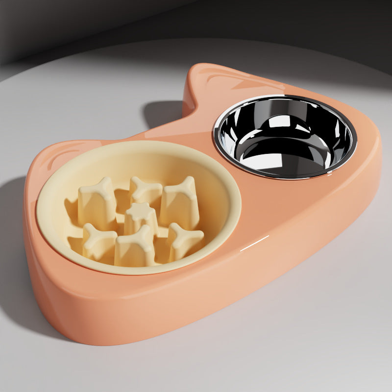 Cat Bowl Large And Small Eyes Slow Food Stainless Steel Two-in-one Pet Bowl