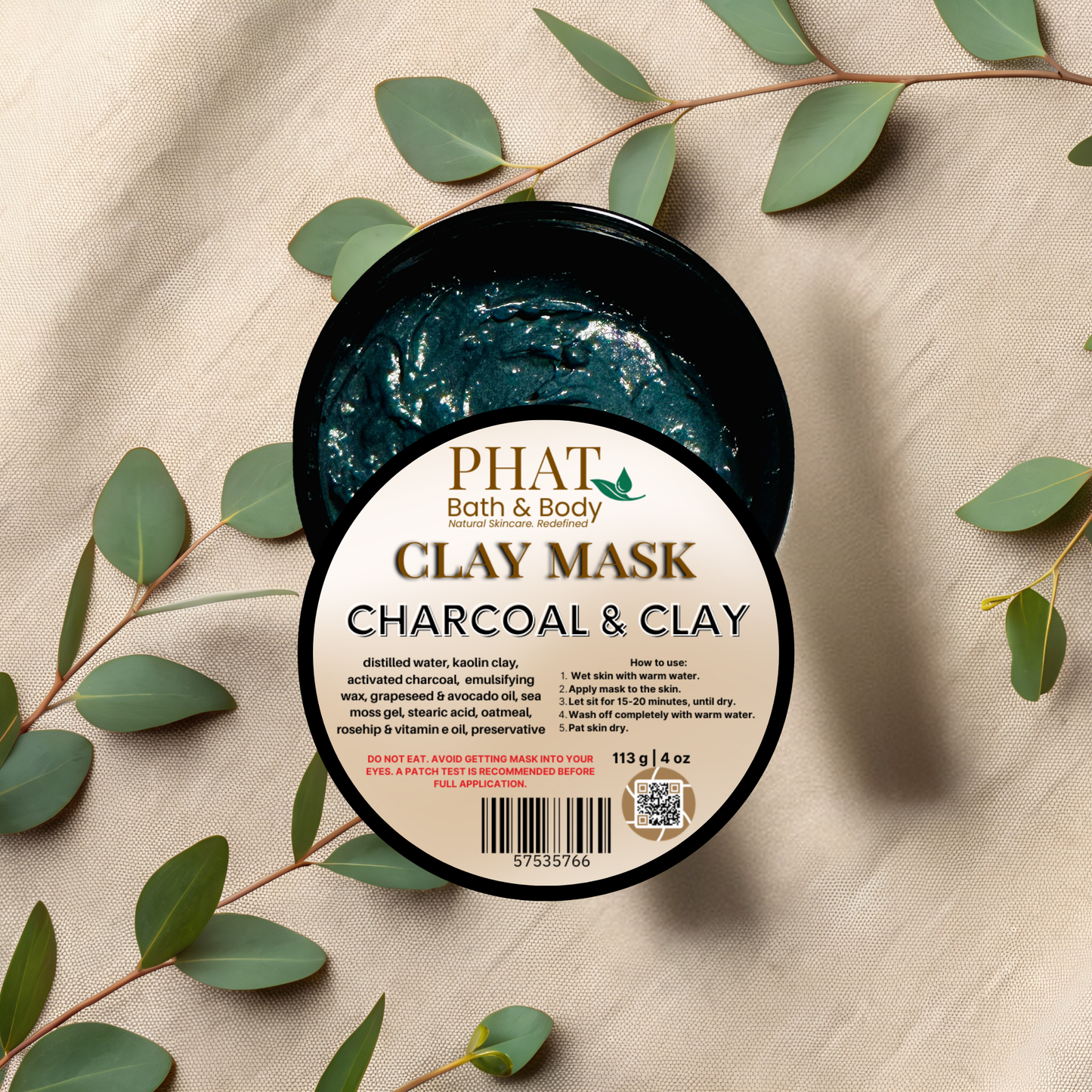Activated Charcoal Natural Clay Mask Sea Moss Gel Vitamin E Avocado Oil | 4 oz