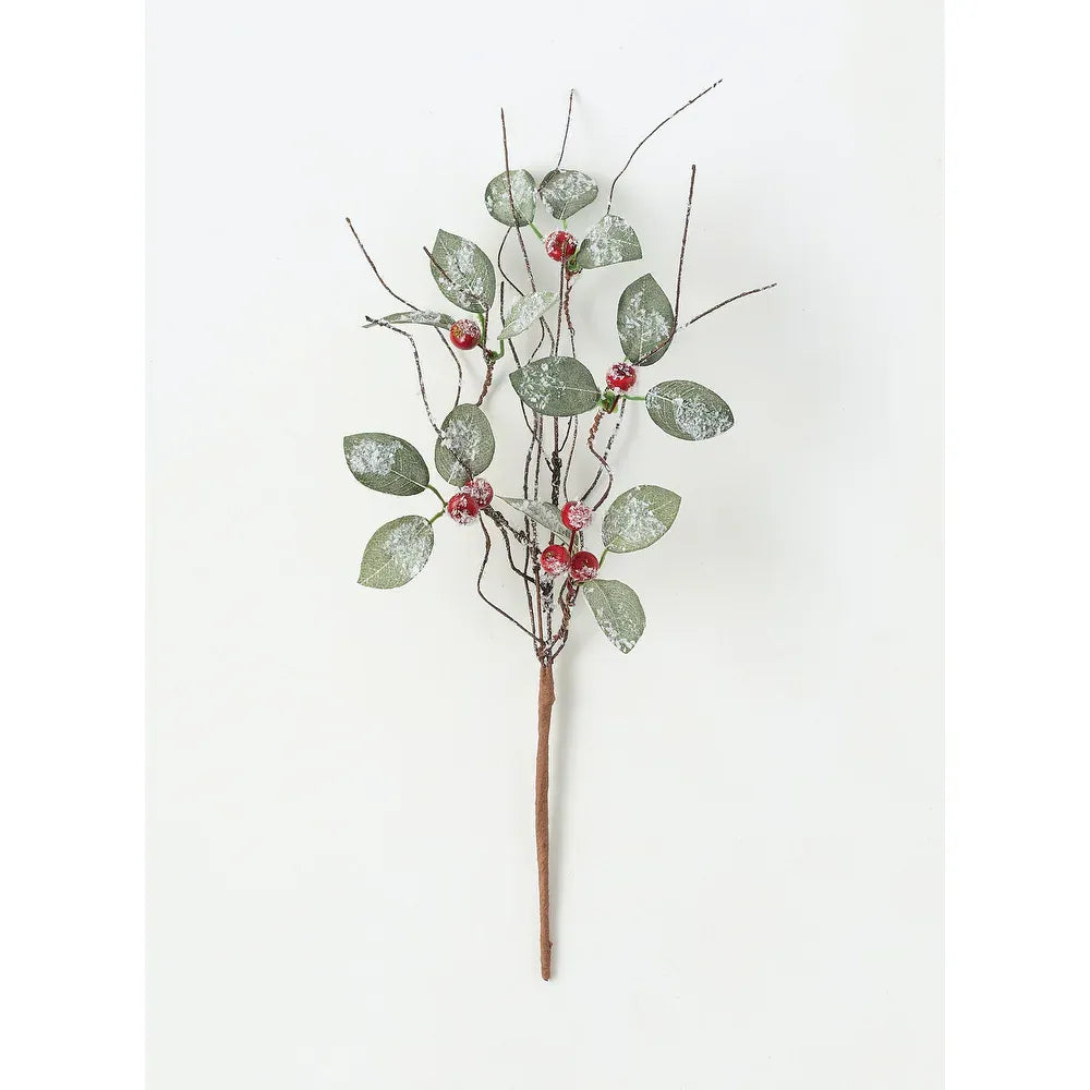 Ramo artificial de hojas escarchadas y bayas – Verde y rojo – Detalle floral artificial realista