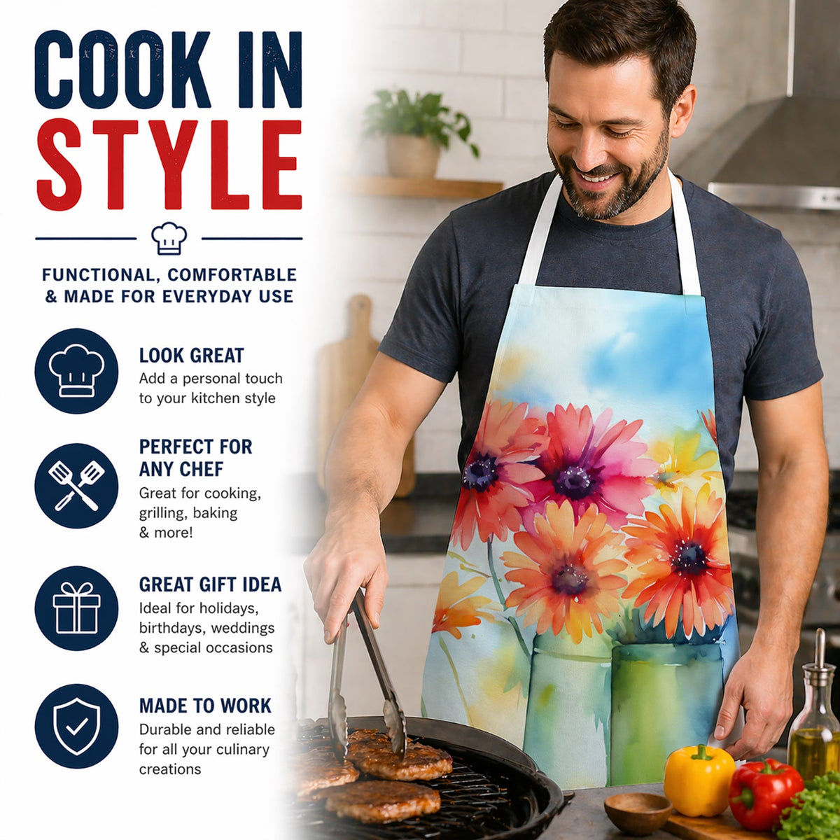 Gerbera Daisies in Watercolor Apron Cooking Kitchen Server Baking Crafts Gardening for Adult Women Men, Unisex, Large, Multicolor