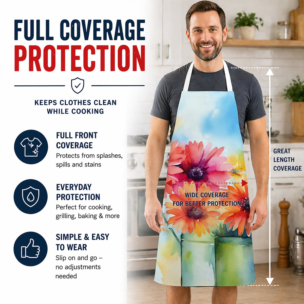 Gerbera Daisies in Watercolor Apron Cooking Kitchen Server Baking Crafts Gardening for Adult Women Men, Unisex, Large, Multicolor