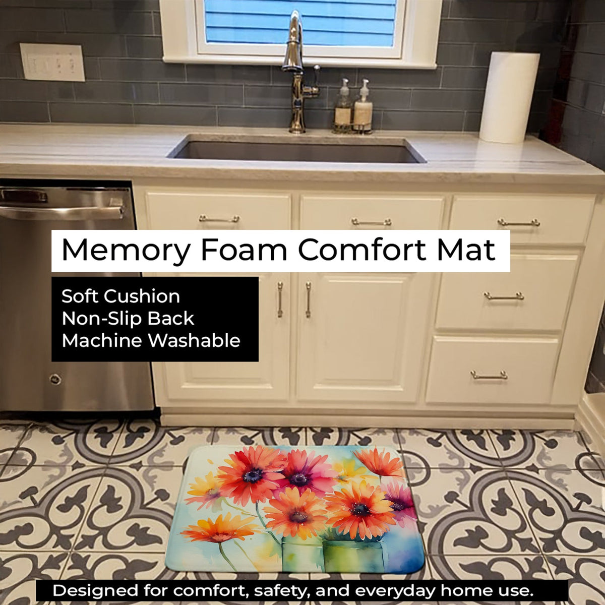 Gerbera Daisies in Watercolor Memory Foam Kitchen Mat DAC1571RUG
