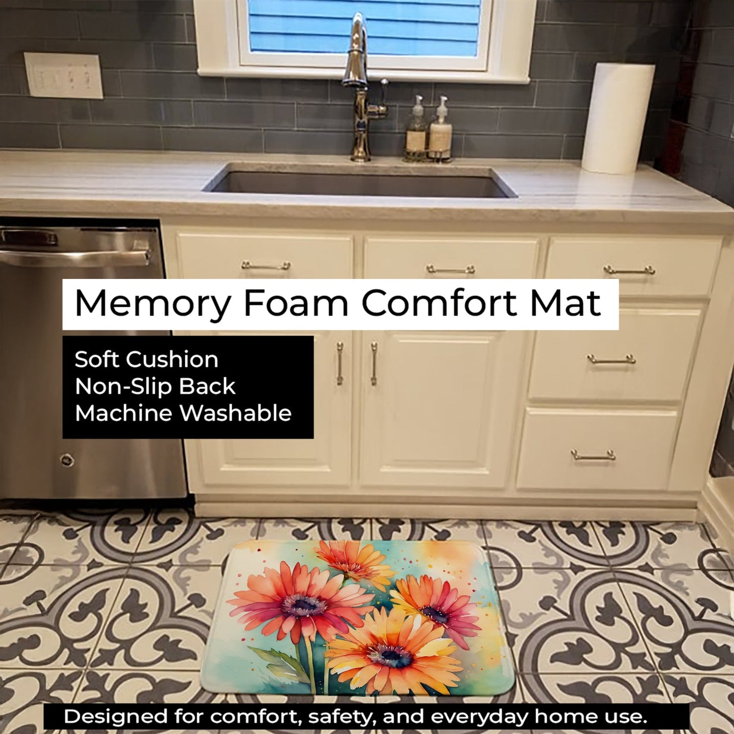 Gerbera Daisies in Watercolor Memory Foam Kitchen Mat DAC1572RUG