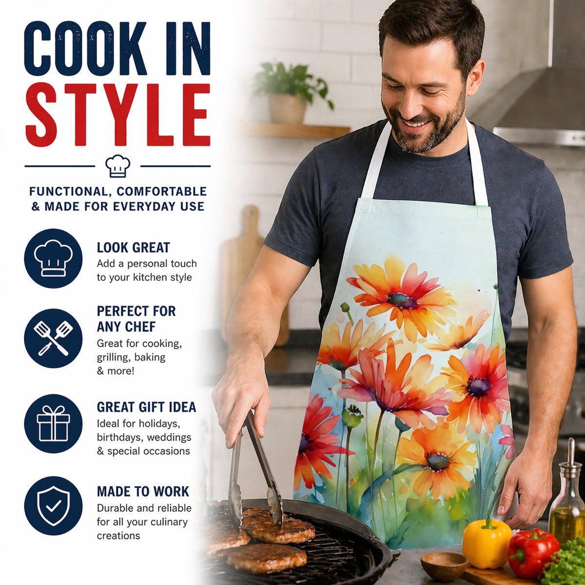 Gerbera Daisies in Watercolor Apron Cooking Kitchen Server Baking Crafts Gardening for Adult Women Men, Unisex, Large, Multicolor
