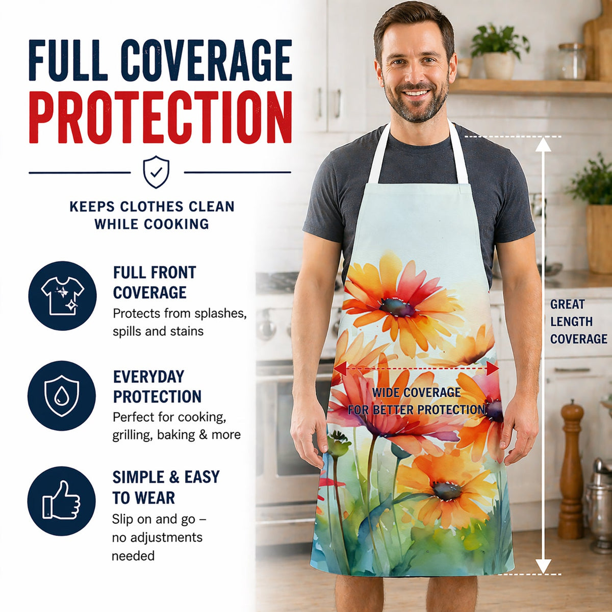 Gerbera Daisies in Watercolor Apron Cooking Kitchen Server Baking Crafts Gardening for Adult Women Men, Unisex, Large, Multicolor