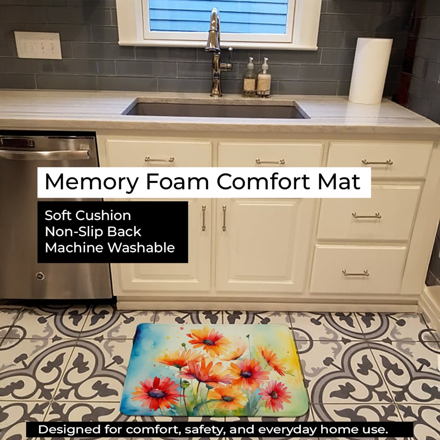 Gerbera Daisies in Watercolor Memory Foam Kitchen Mat DAC1573RUG