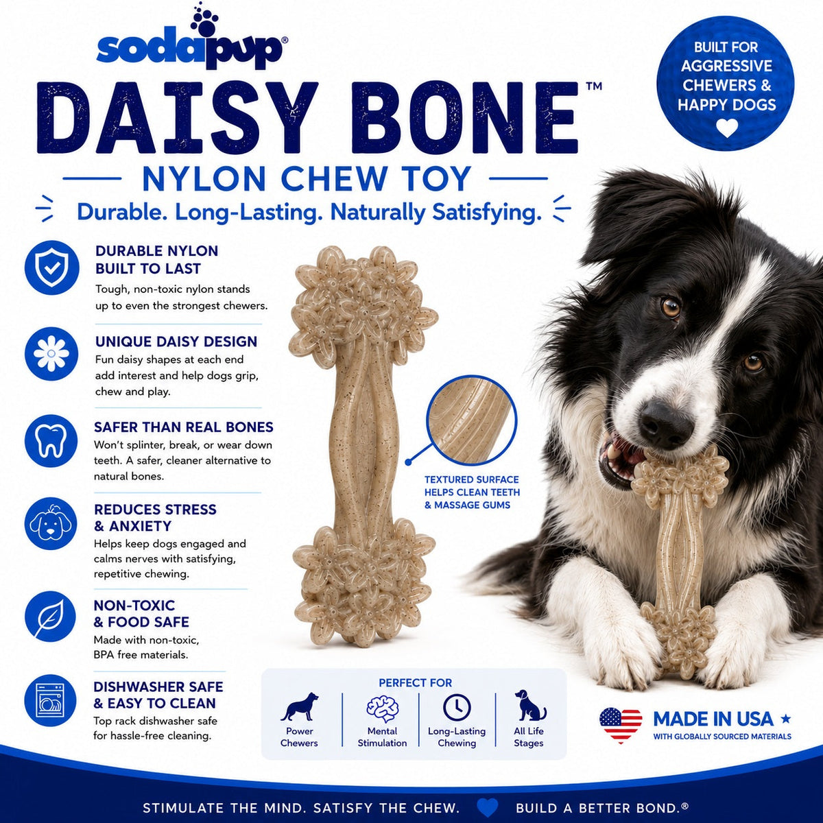 Juguete para perros Daisy Bone de nailon para masticadores agresivos | Duradero | Fabricado en EE. UU.